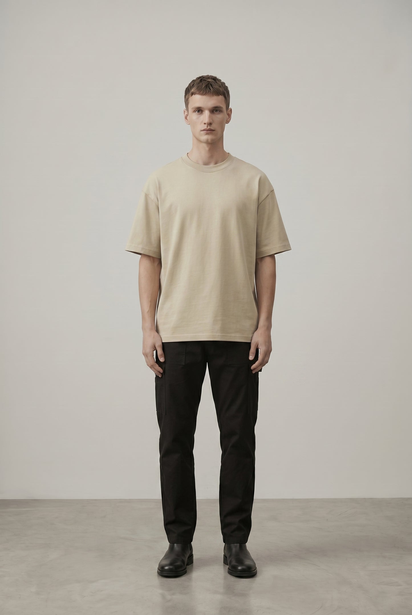 PROMPT:
Show this model from the front, t-shirt is clean in the front, there are no graphics, logos, or anything on the t-shirt..jpg
