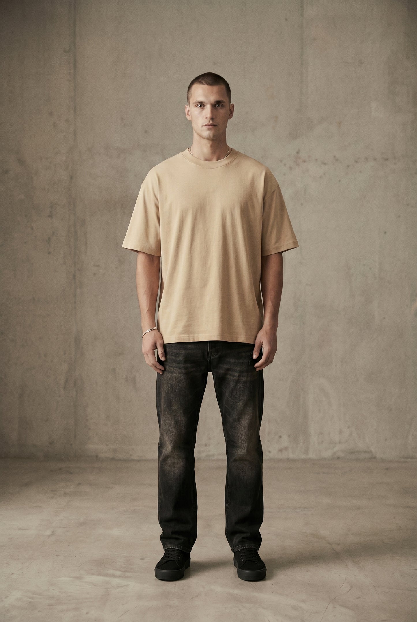PROMPT:
Show this model from the front, t-shirt is clean in the front, there are no graphics, logos, or anything on the t-shirt..jpg