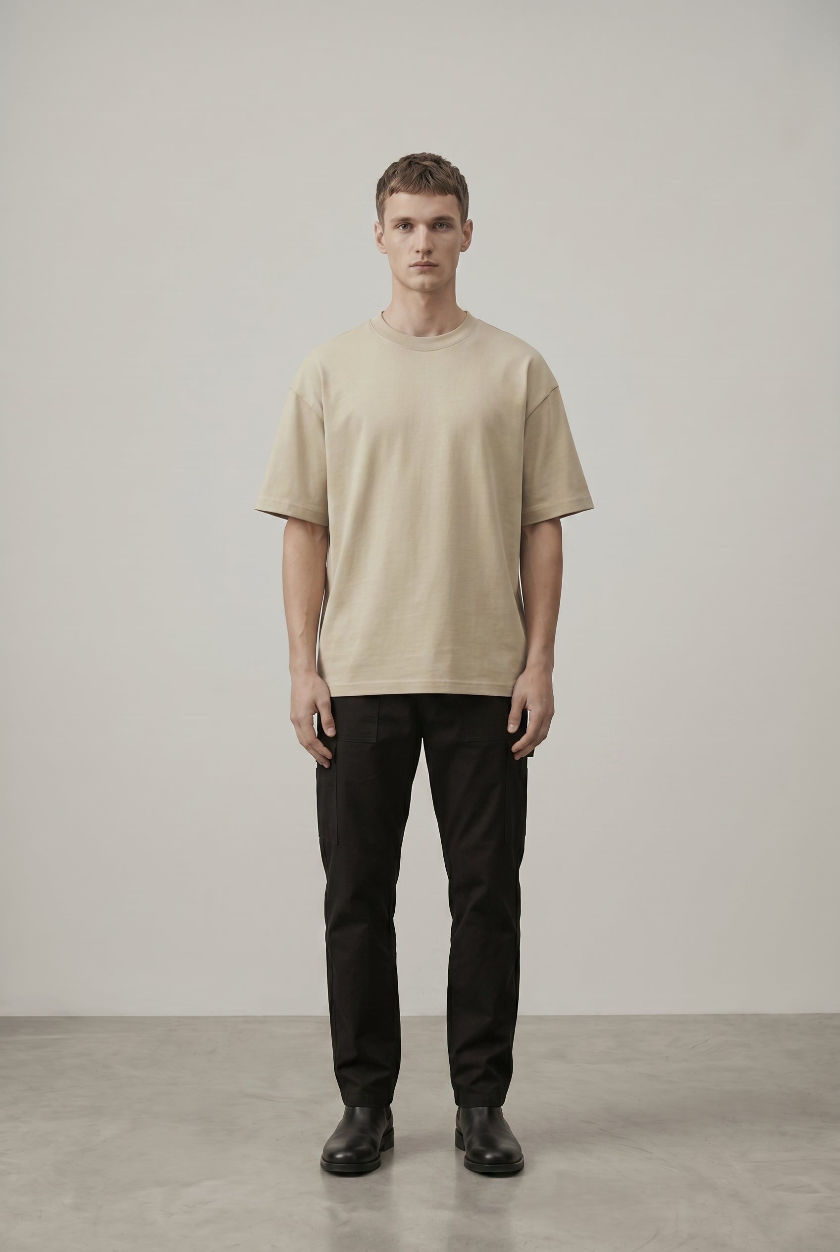 PROMPT:
Show this model from the front, t-shirt is clean in the front, there are no graphics, logos, or anything on the t-shirt..jpg