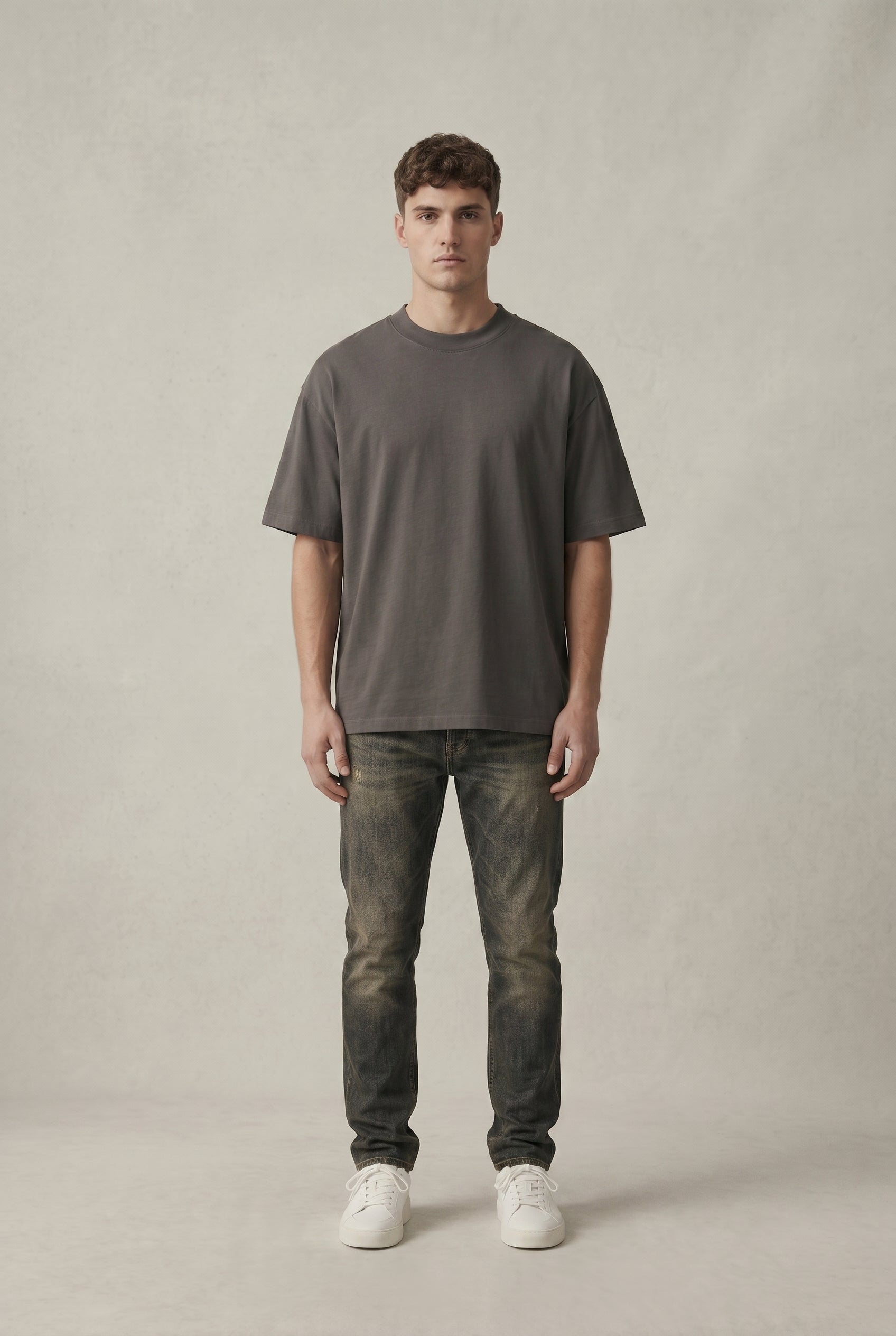 PROMPT:
Show this model from the front, t-shirt is clean in the front, there are no graphics, logos, or anything on the t-shirt..jpg
