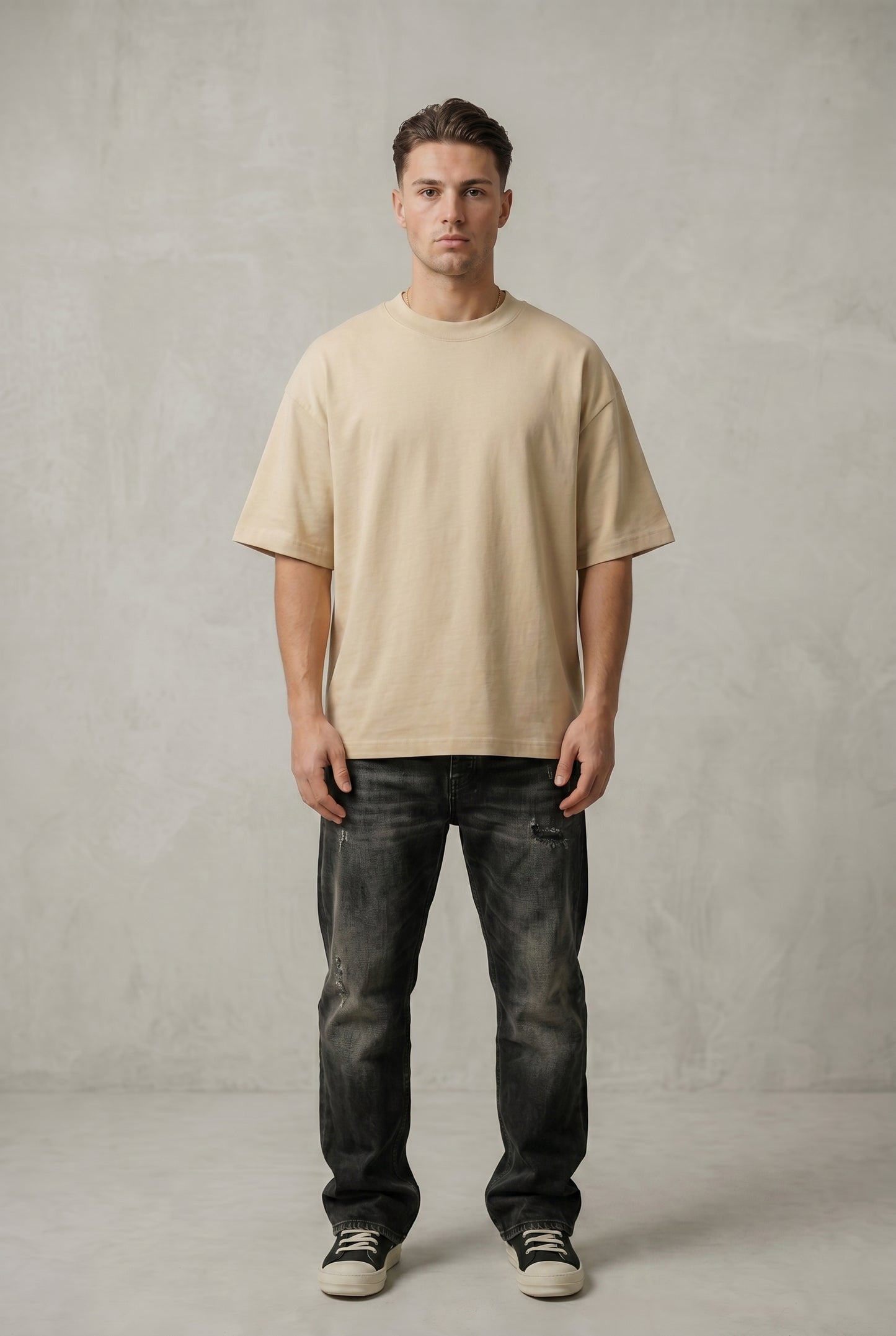 PROMPT:
Show this model from the front, t-shirt is clean in the front, there are no graphics, logos, or anything on the t-shirt..jpg