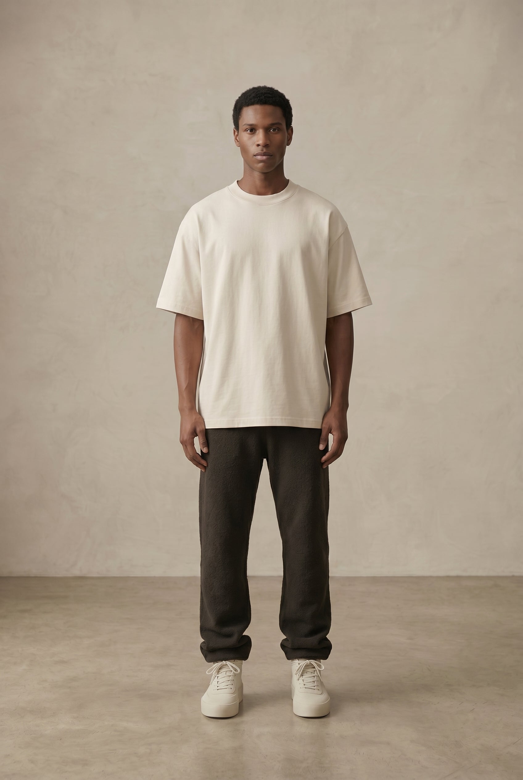 PROMPT:
Show this model from the front, t-shirt is clean in the front, there are no graphics, logos, or anything on the t-shirt..jpg